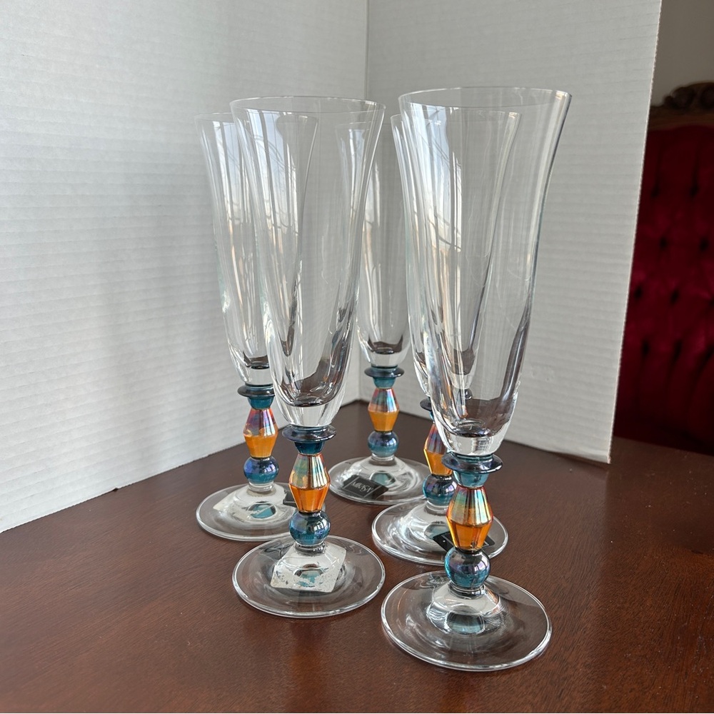 Vintage MIKASA Kensington Clear Amber Champagne Flutes Amber/Blue Stem Set of 5